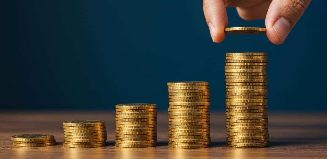 Pilhas de moedas crescentes representam concentração de renda no Brasil em imagem sobre desigualdade econômica
