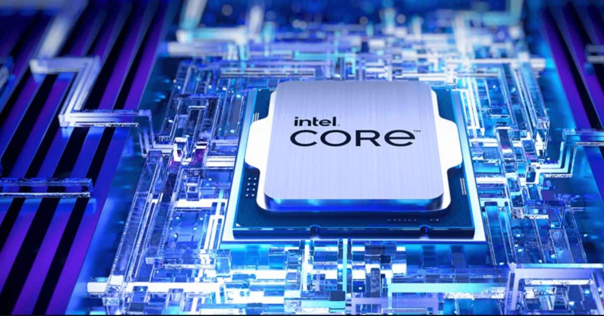 Processador Intel sobre placa eletrônica iluminada em ambiente tecnológico, representando a infraestrutura de hardware que sustenta aplicações de inteligência artificial e computação avançada.