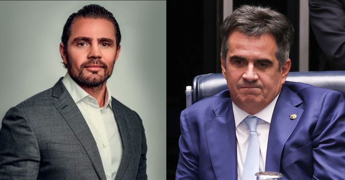 Montagem mostra o banqueiro Daniel Vorcaro ao lado do senador Ciro Nogueira durante investigação da PF sobre o Banco Master