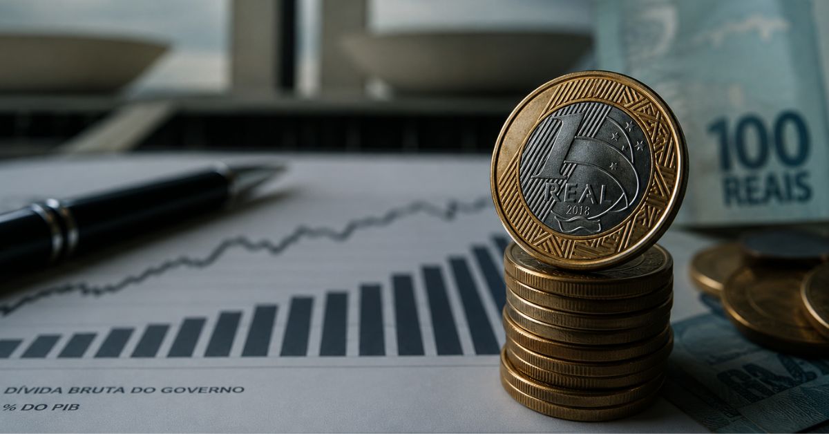 Moedas de real empilhadas sobre gráfico financeiro que representa a evolução da dívida pública brasileira.