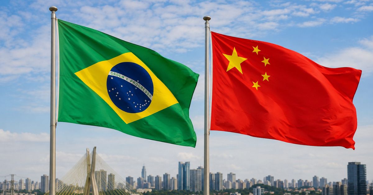 Bandeiras do Brasil e da China em destaque diante de centro urbano, simbolizando o avanço dos investimentos chineses no país.