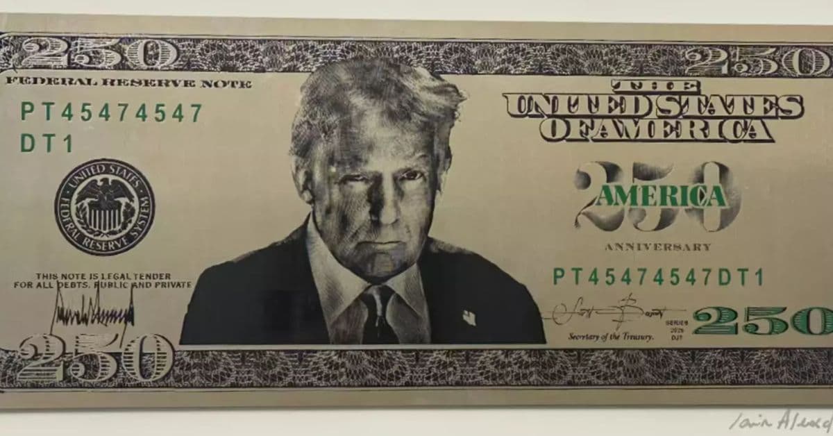 Imagem conceitual de uma nota de US$ 250 com retrato de Donald Trump e referência ao aniversário de 250 anos da independência dos Estados Unidos.