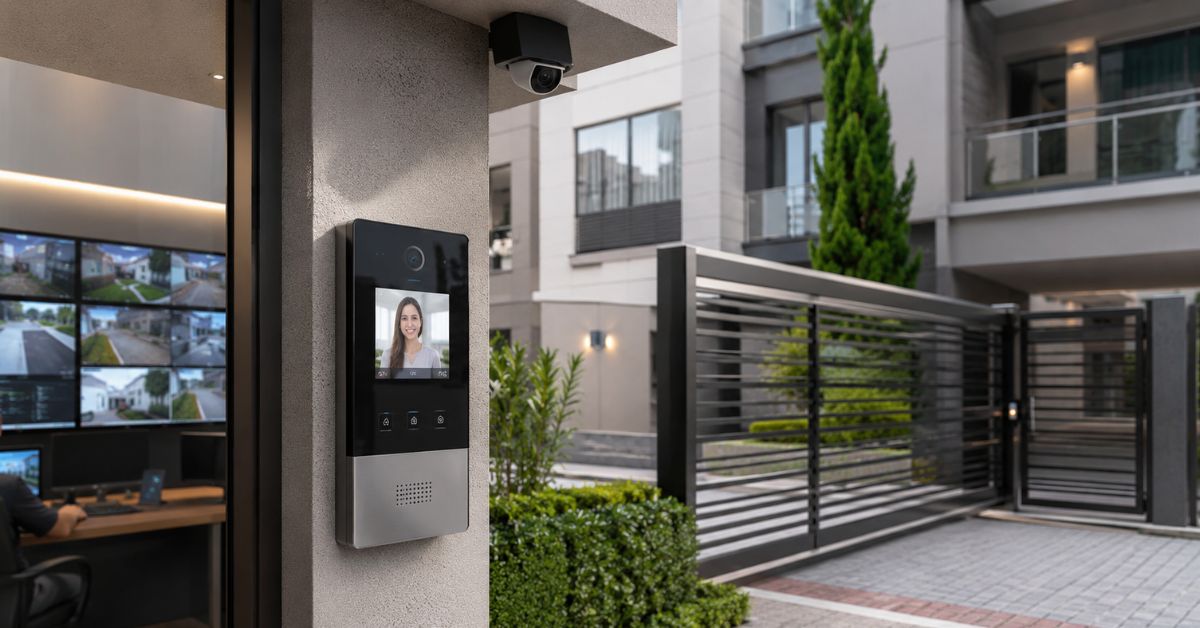 Portaria virtual em condomínio residencial com interfone, câmera e controle de acesso remoto