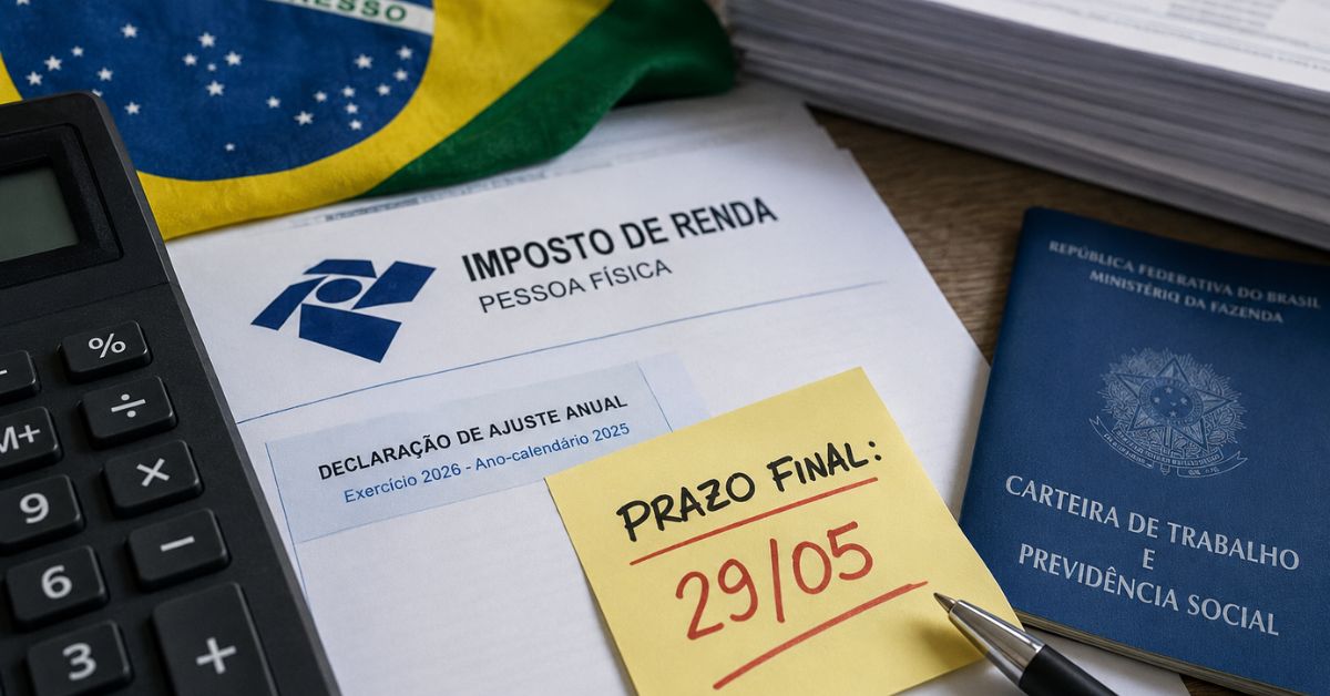 Documentos do Imposto de Renda, calculadora e lembrete sobre o prazo final da declaração organizados sobre uma mesa.