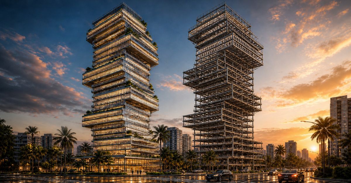 Projeto do BS Steel com torre corporativa em aço e estrutura metálica em destaque