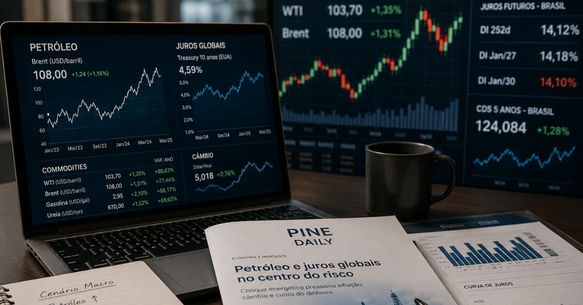 Relatório do Banco Pine sobre petróleo, juros globais, inflação e custo de capital em ambiente de mercado financeiro