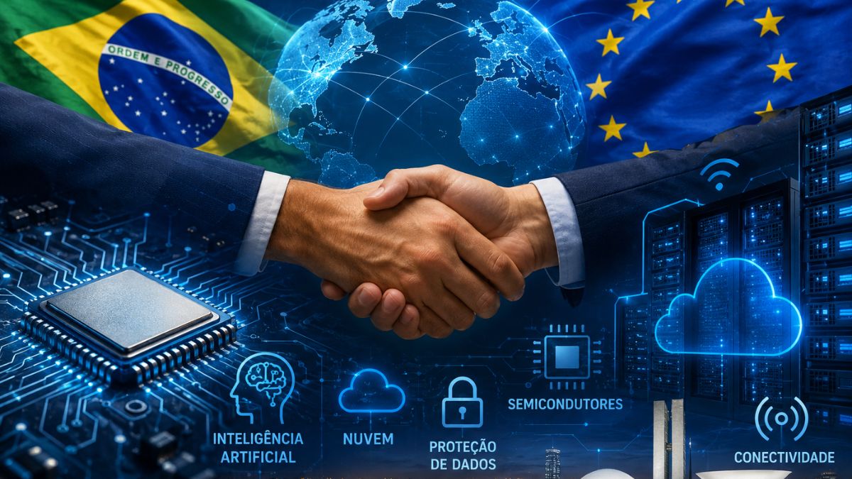 Imagem ilustrativa para uma matéria jornalística sobre a parceria digital entre o Brasil e a União Europeia.