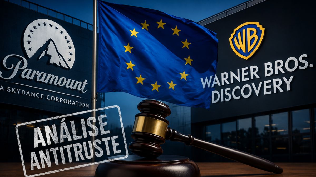 Imagem de IA para ilustrar uma matéria jornalística sobre a Fusão da Paramount com a Warner e a análise na União Europeia.