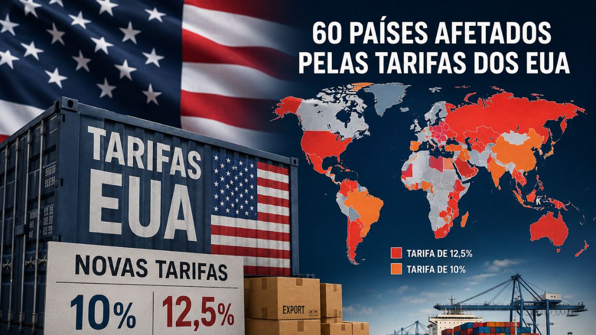 Imagem de IA para ilustrar uma matéria jornalística sobre os 60 Países atingidos pelas tarifas dos Estados Unidos.