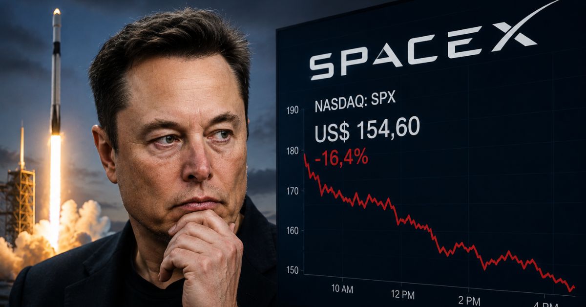 Elon Musk diante de gráfico em queda das ações da SpaceX após estreia na Nasdaq