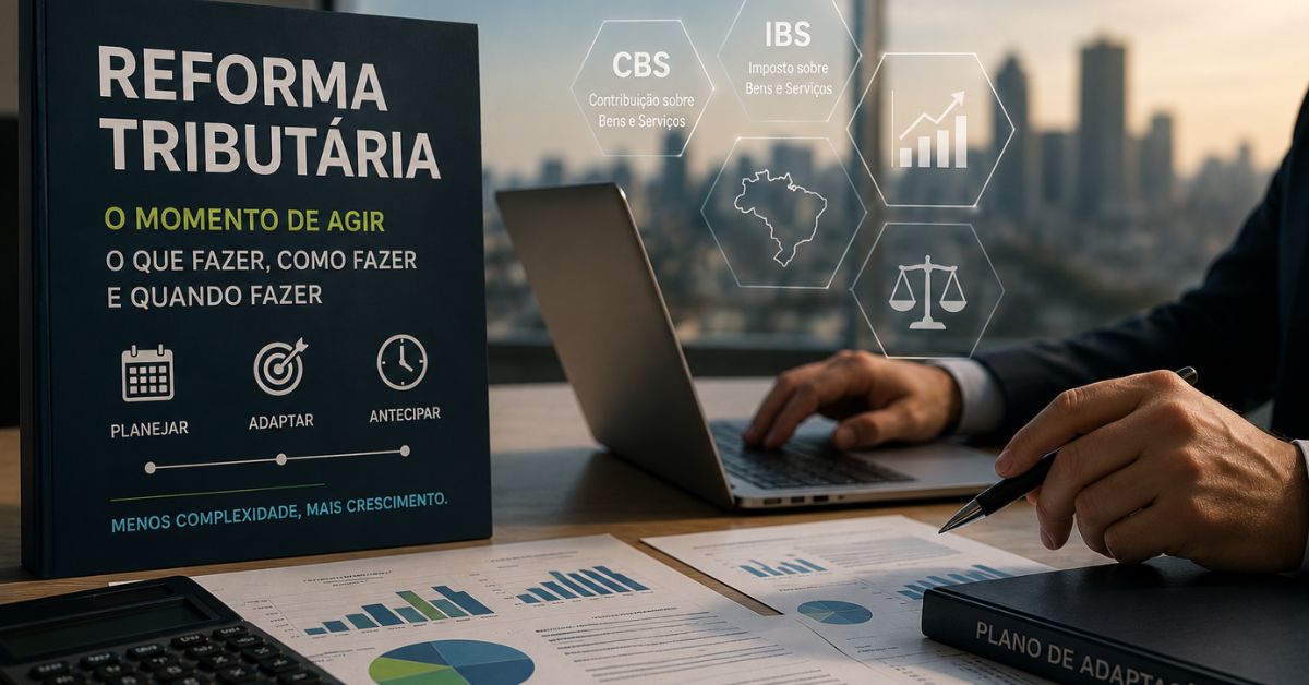 BMS Leaders Table debate os impactos da Reforma Tributária em ambiente corporativo, com documentos financeiros, computador e indicadores de planejamento empresarial.