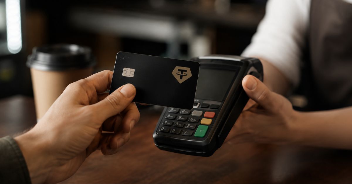 Pessoa realiza pagamento com cartão de criptomoedas em uma máquina de cartão, ilustrando o avanço das stablecoins como meio de pagamento no comércio.