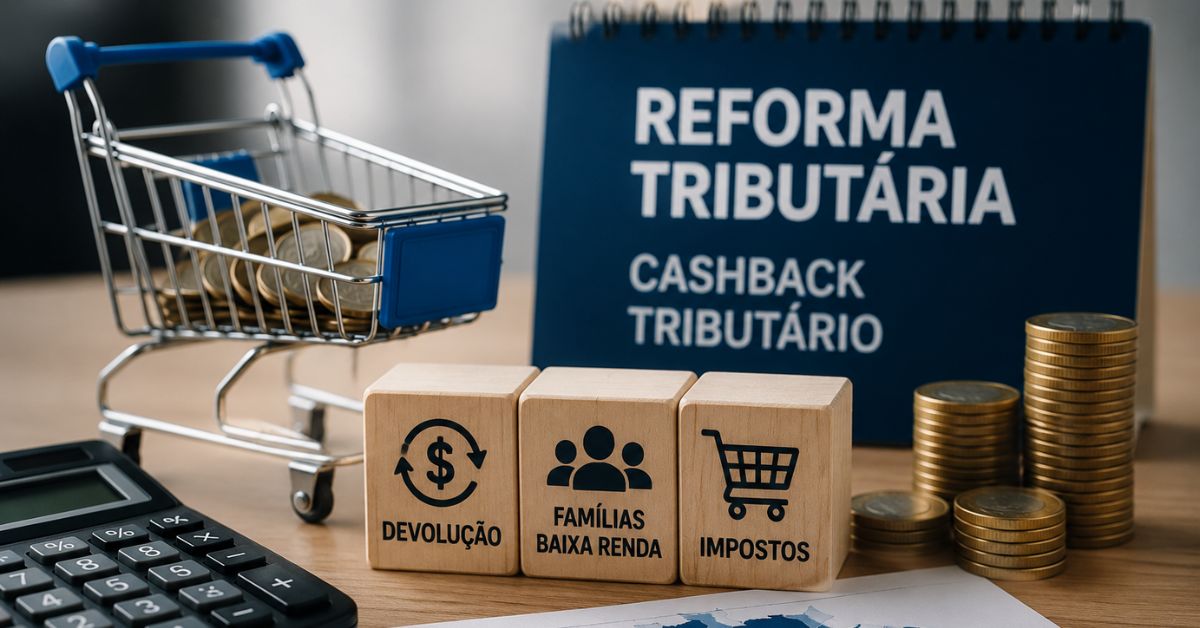 Cashback tributário no Nordeste com carrinho de compras, moedas e mapa do Brasil em imagem sobre reforma tributária