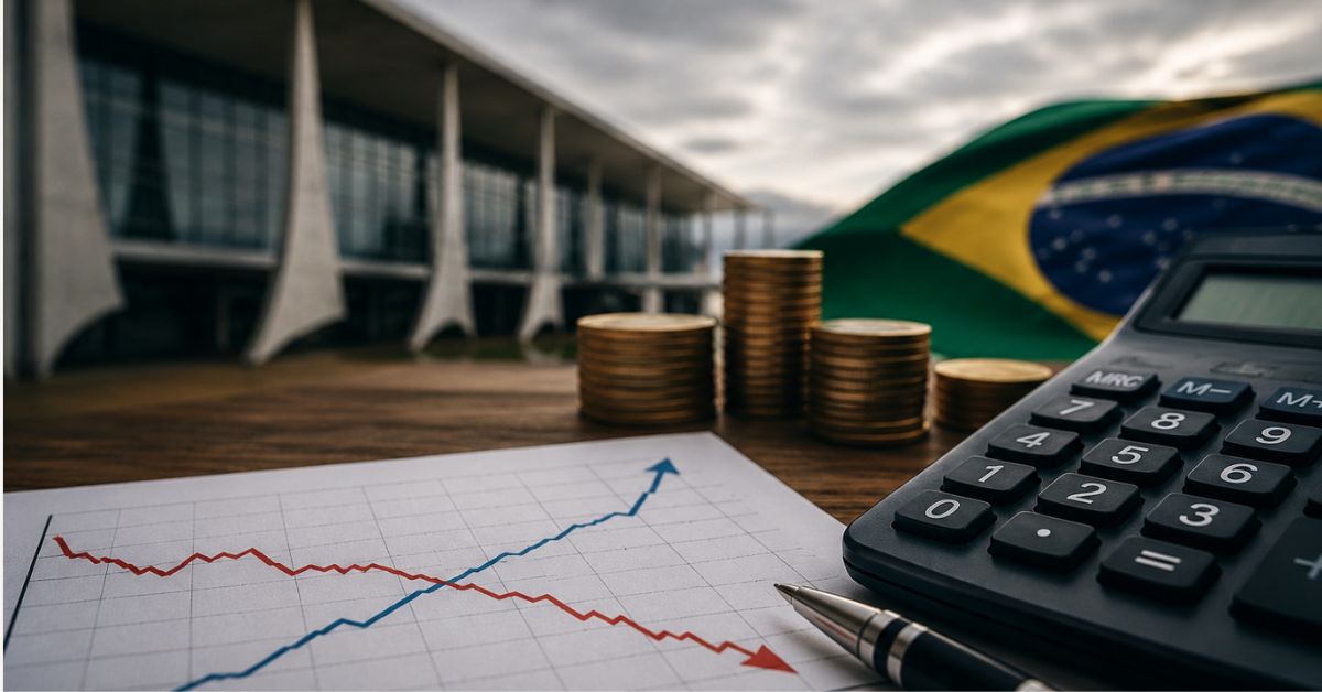 Calculadora, moedas e gráfico financeiro em primeiro plano diante de prédio público e bandeira do Brasil, simbolizando o déficit do governo central.