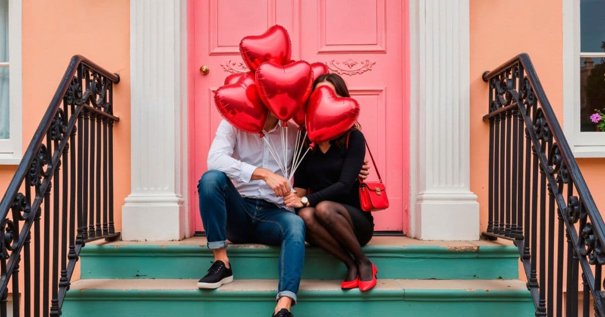 Dia dos Namorados 2026: casal sentado em escadaria com balões vermelhos em formato de coração, símbolo da data comemorativa.