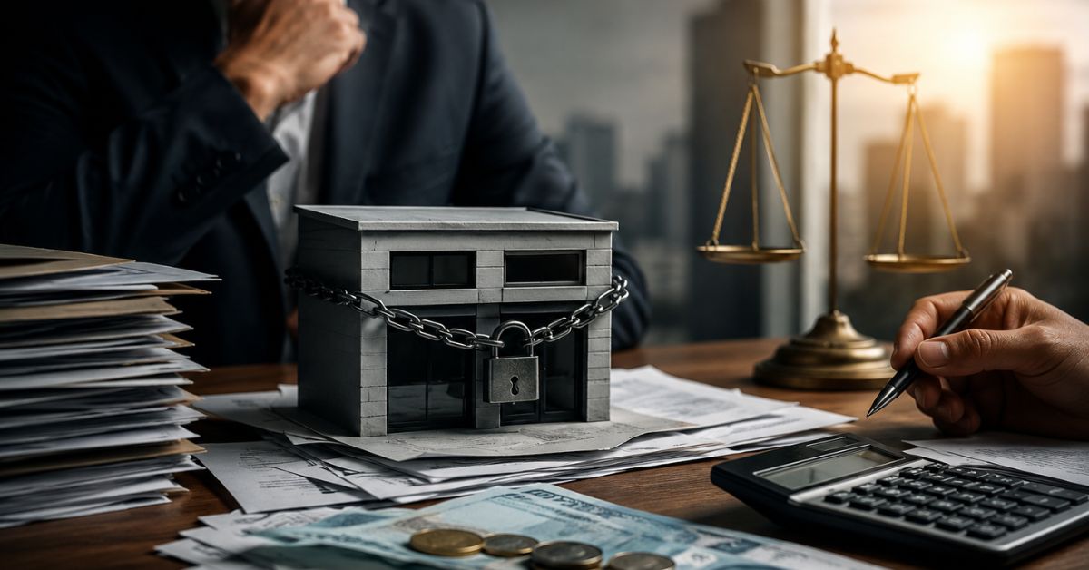 Empresário analisa documentos e dívidas enquanto modelo de empresa fechada aparece cercado por correntes, simbolizando riscos financeiros e responsabilidades após o encerramento de negócios.