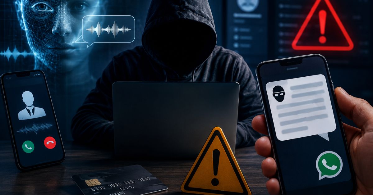 Golpista utiliza recursos de inteligência artificial para aplicar fraudes digitais por meio de celulares, mensagens e serviços financeiros online.
