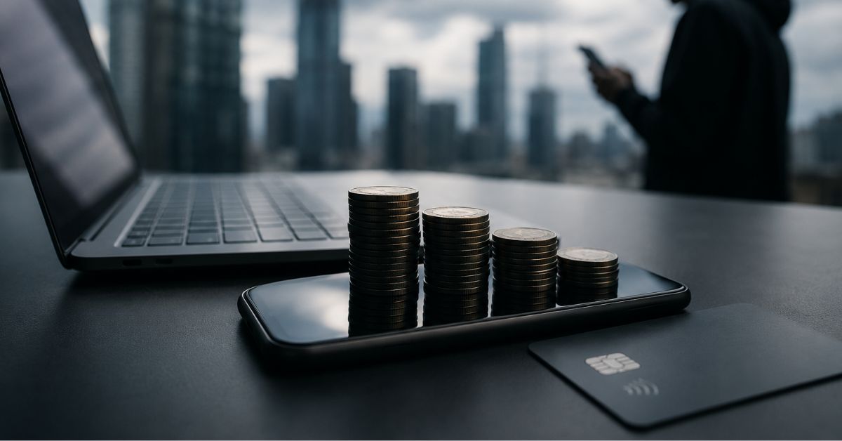 Pilhas de moedas sobre um smartphone ao lado de cartão bancário, representando crédito digital e risco de inadimplência nos bancos digitais