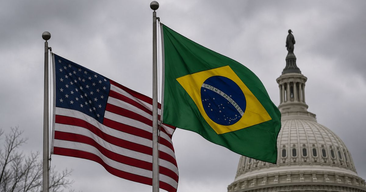 Bandeiras dos Estados Unidos e do Brasil hasteadas em frente ao Capitólio americano sob céu nublado, simbolizando investigação dos EUA contra o Brasil