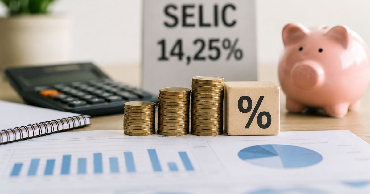 Moedas empilhadas, calculadora e cofrinho ao lado de gráficos financeiros ilustram o cenário de juros elevados após a redução da Selic para 14,25%.
