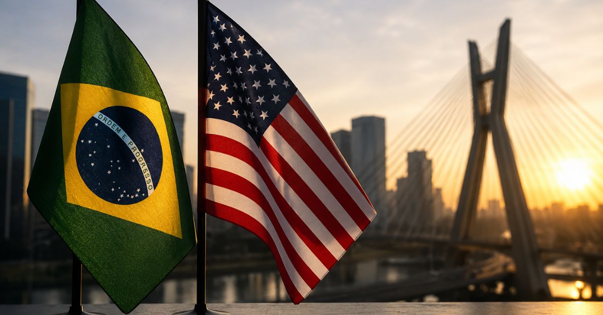 Investimentos dos EUA no Brasil em foco com bandeiras dos dois países diante do horizonte urbano de São Paulo