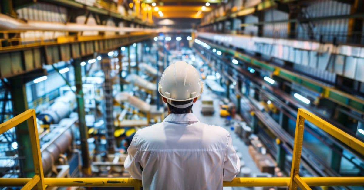 rabalhador observa linha de produção em instalação industrial durante período de recuperação da atividade manufatureira no Brasil.