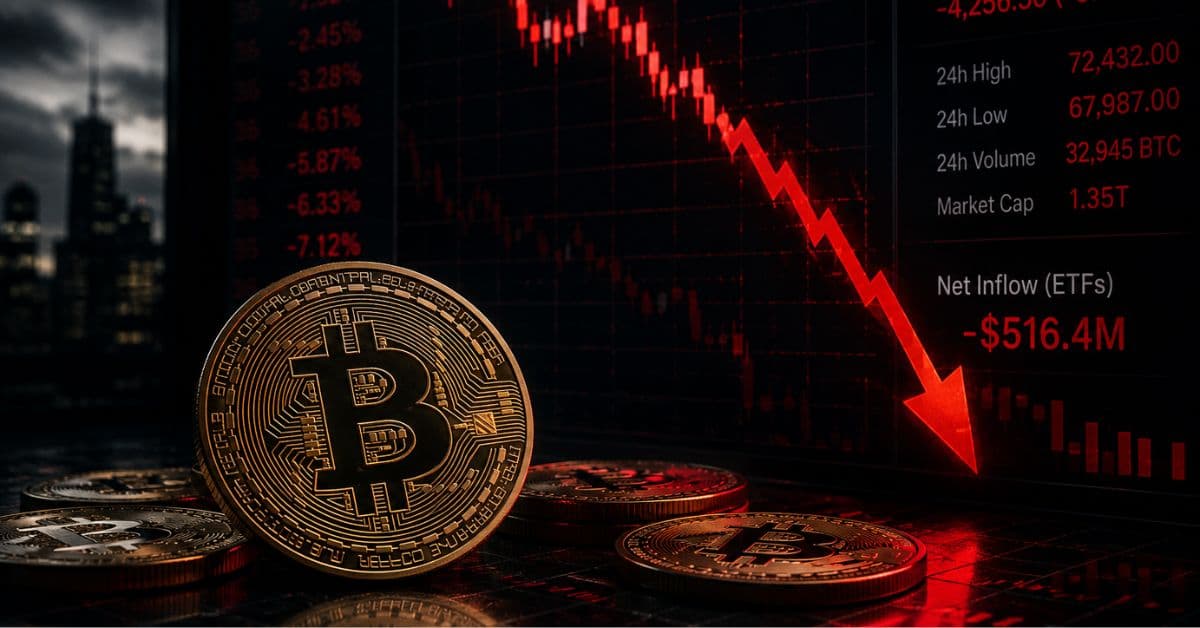 Moedas de Bitcoin diante de painel financeiro com gráfico em forte queda do bitcoin, refletindo a correção recente da criptomoeda e a saída de recursos do mercado