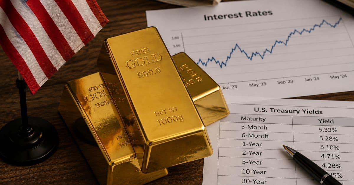 Queda do ouro após Fed: barras de ouro e documentos financeiros associados aos juros dos Estados Unidos