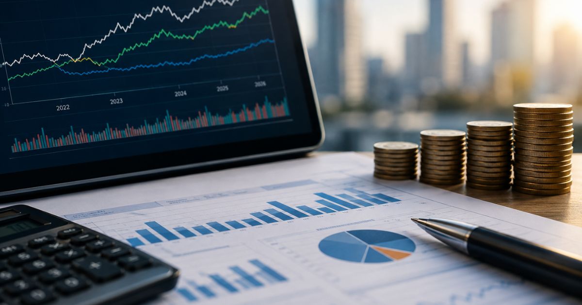 Relatório Focus e projeções econômicas representados por gráficos financeiros, moedas empilhadas e documentos de análise de mercado.