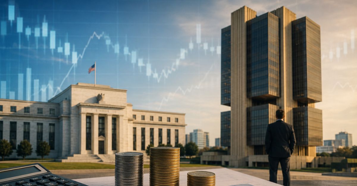 Composição editorial mostra os edifícios do Federal Reserve e do Banco Central, com gráficos financeiros, moedas e indicadores de mercado em destaque durante a Super Quarta.