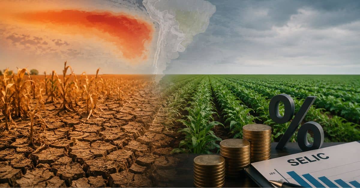 Ilustração editorial mostra uma área agrícola afetada pela seca ao lado de uma lavoura produtiva, com mapa da América do Sul ao fundo e elementos que remetem à inflação e aos juros.
