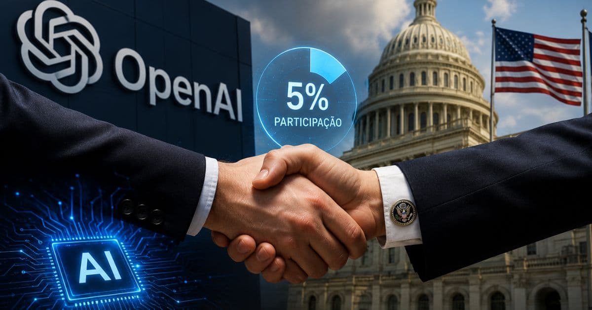Ilustração representa a aproximação entre a OpenAI e o governo dos Estados Unidos em proposta de participação acionária.