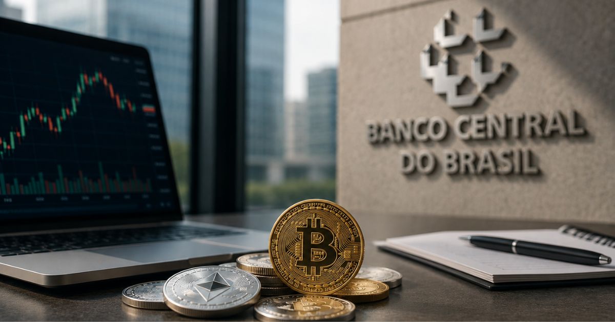 Moedas de criptomoedas sobre uma mesa diante de um notebook com gráfico financeiro, em ambiente corporativo que remete à atuação regulatória do Banco Central.