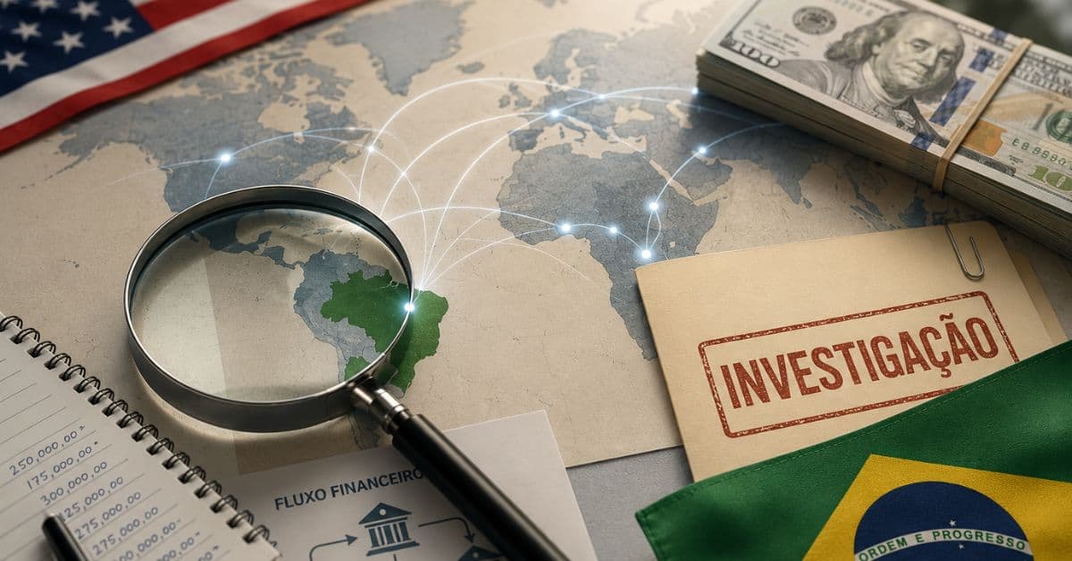Ilustração editorial mostra um aviso de sanções dos EUA, dinheiro, mapa com conexões financeiras e elementos que remetem ao PCC e ao sistema financeiro internacional.