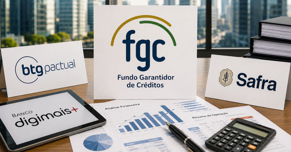 Imagem editorial sobre a venda do Digimais com FGC ao centro, BTG Pactual e Banco Safra em mesa de análise financeira